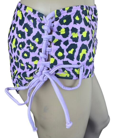 New Shekini Purple Black Leopard Print High Waist Scoop Neck 2 Pc Set Swimsuit M - Picture 8 of 11